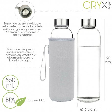 Botella Agua Cristal 550 ml. Funda Neopreno con Asa. Sin BPA