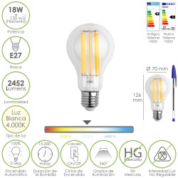 Bombilla Led Filamento Standar Rosca E27. 18 Watt. Equivale A 130 Watt. 2462 Lumenes. Luz Neutra 4000º K.